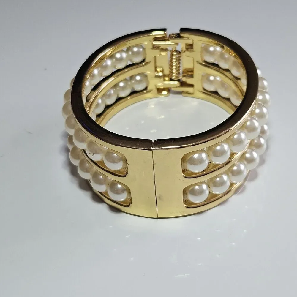 Gold Tone Cream Faux Pearl Double Layer Hinged Bangle Bracelet Approx 6.75